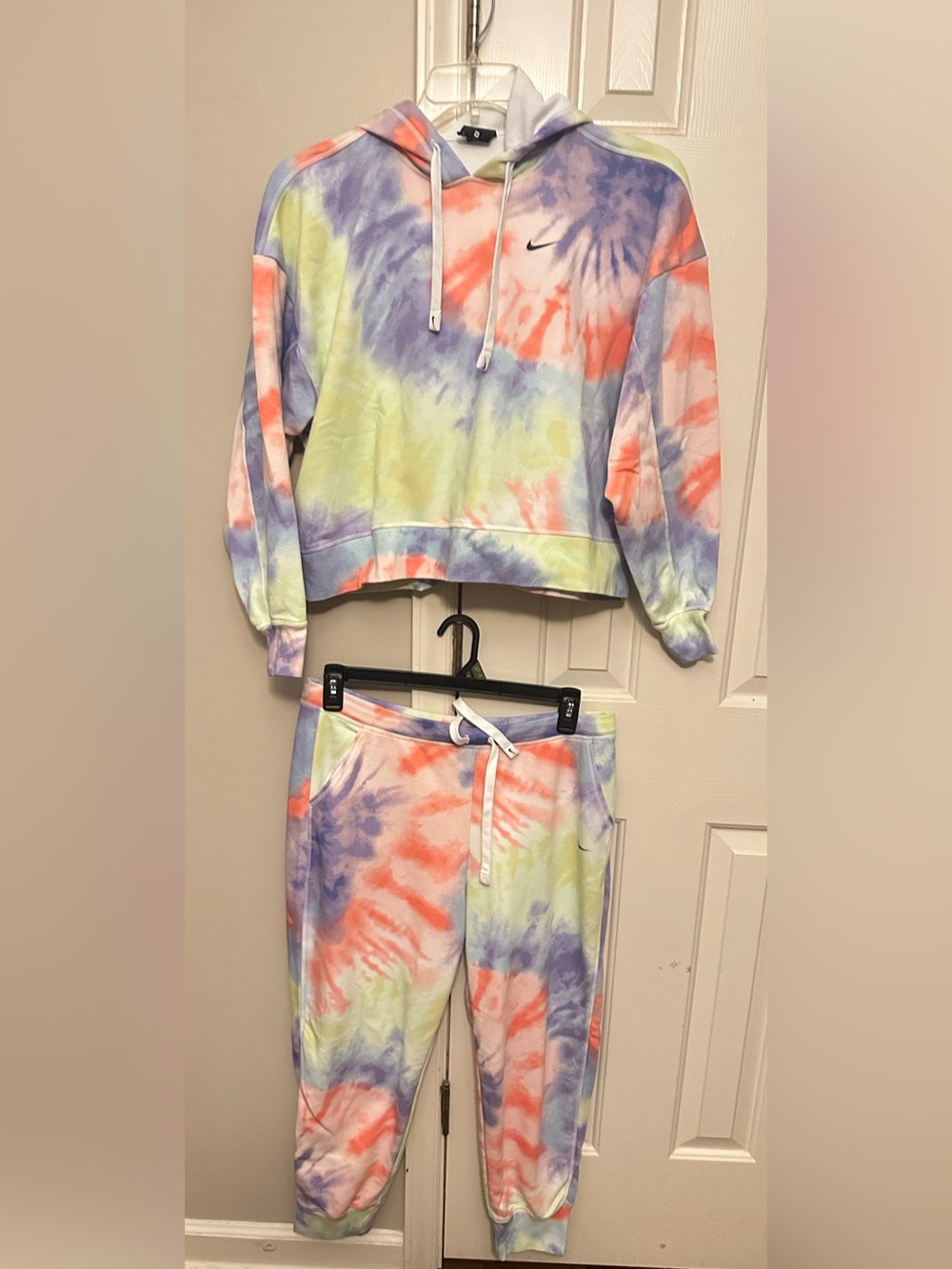 Women’s Nike Tie-Dye Crop Hoodie & Joggers Set - Purple, Orange, Yellow, Cream